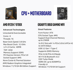 AMD Ryzen 7 9700X CPU Processor with GIGABYTE B850 Gaming WIFI6 Motherboard (ATX, DDR5, 3X M.2, PCIe 5.0, USB-C, WIFI6)