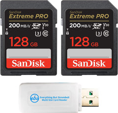 SanDisk 128GB SD Extreme Pro Memory Card (Two Pack) Works with Nikon D3500, D7500, D5600 Digital DSLR Camera (SDSDXXD-128G-GN4IN) Bundle with (1) Everything But Stromboli MicroSDXC & SD Card Reader
