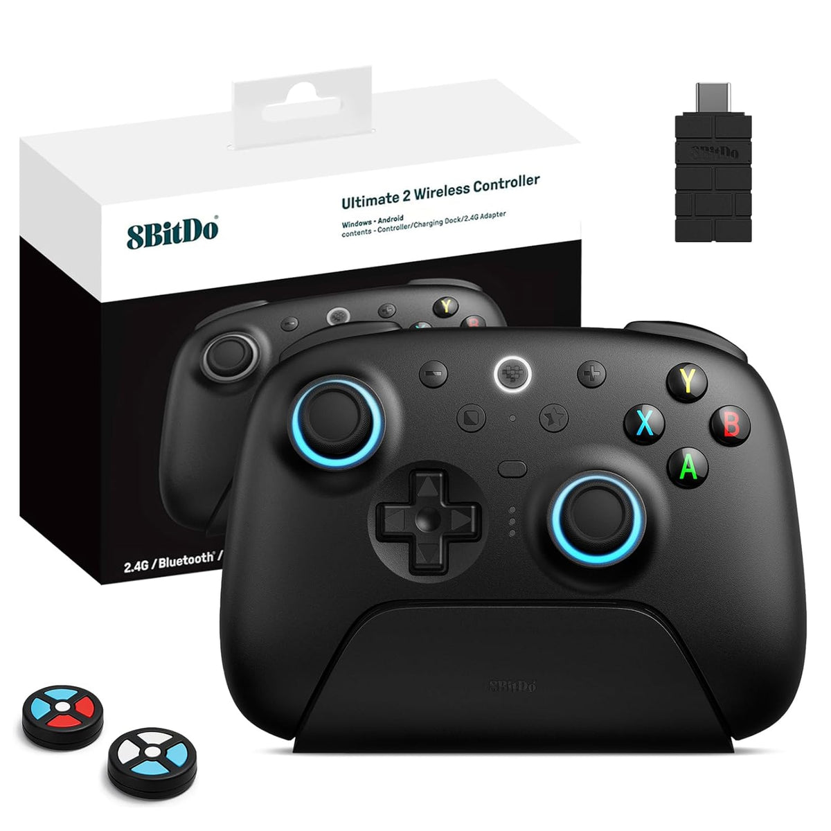 8Bitdo Ultimate 2 Wireless 2.4G Controller (TMR Joystick Update), Star-Ring RGB Lights, Adjustable Trigger Locks, Gamepad with Charging Dock for Windows PC, Android (Black)
