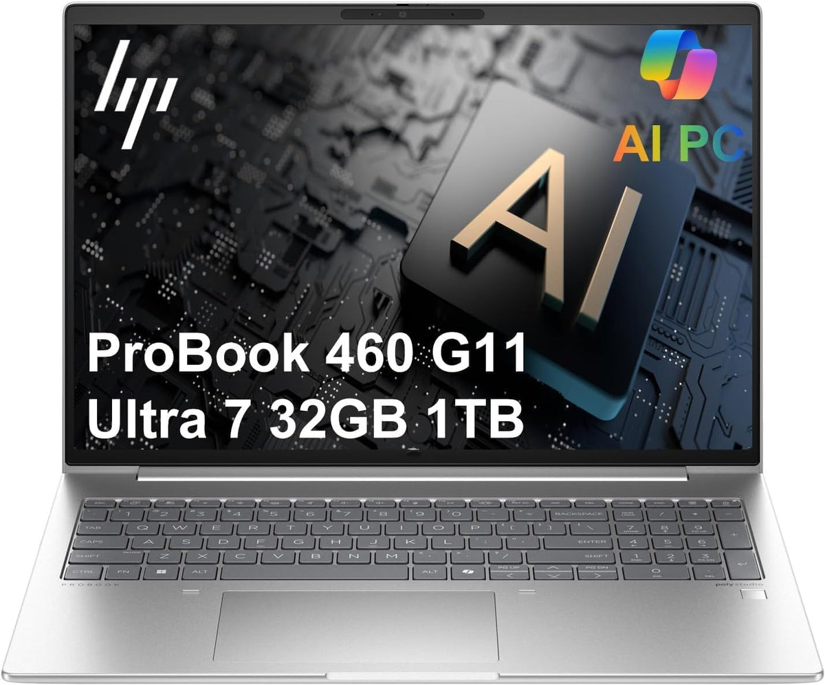 HP ProBook 460 G11 Business AI PC Laptop (16" FHD+, Intel 12-Core Ultra 7 155U, 32GB DDR5 RAM, 1TB SSD), HP Wolf Security, Backlit Numeric KB, Fingerprint, 1080p FHD Webcam, Ethernet, Win 11 Pro