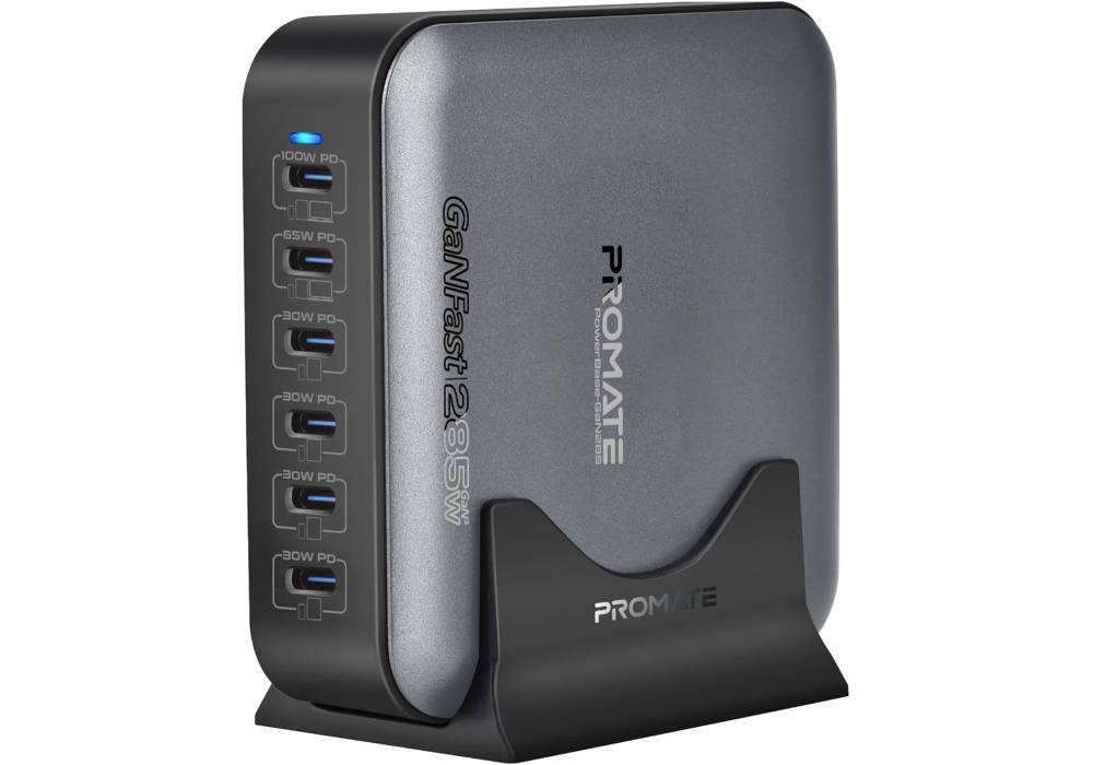 Promate PowerBase-GaN285 285W GaN Charging Station, 6-Port USB-C Desktop Charger with PPS, 100W/65W/30W Outputs, Overheat Protection, Stand and 1.5M Cable, for MacBook, iPhone, Galaxy UK