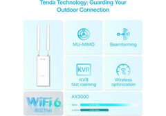 Tenda OAP3000 V1.0 – AX3000 Wi‑Fi 6 Indoor/Outdoor Access Point, 3000Mbps Dual‑Band, 160MHz Bandwidth, MU‑MIMO & OFDMA, IP65 Waterproof, 200m Coverage, 256 Clients, PoE 802.3at/Passive