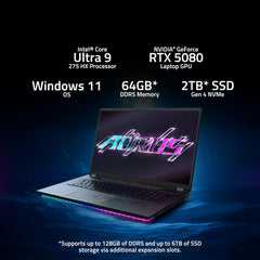 AORUS Master 18 Gaming Laptop - 240Hz 2560x1600 Mini-LED - NVIDIA GeForce RTX 5080 - Intel Core Ultra 9 275HX - 2TB SSD with 32GB DDR5 RAM - Windows 11 Home AD (AORUS Master 18 BYHC5USD65SH)
