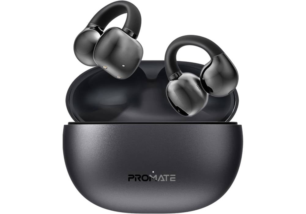 Promate True Wireless Earbuds with OWS Technology, IntelliTouch Control, Ergonomic Open-Ear Clip Design, 28-Hour Playtime, 500mAh Charging Case, Water-Resistance, and AudioFit Stability AirClip Black