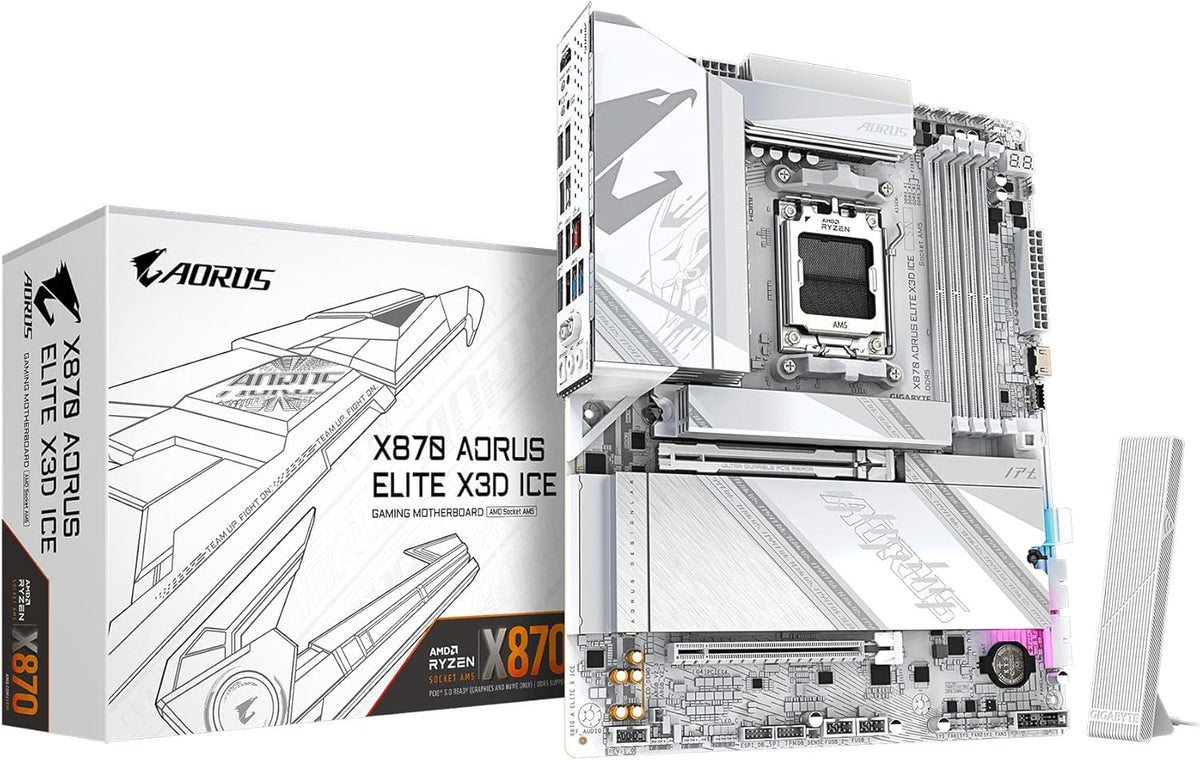 X870 AORUS Elite X3D ICE AMD AM5 ATX Motherboard, Support AMD Ryzen 9000/8000/7000 Series, DDR5, 16+2+2 Power Phase, 4X M.2, PCIe 5.0, USB4, WIFI7, PCIe-EZ Latch Plus, 5-Year Warranty