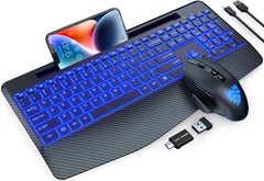 Wireless Keyboard and Mouse Backlit, Wrist Rest, LED Mouse, Rechargeable Ergonomic Keyboard with Phone Holder, Silent Light Up Combo for Computer, Mac, PC, Laptop, Chromebook - SABLUTE KM22 Ultra+