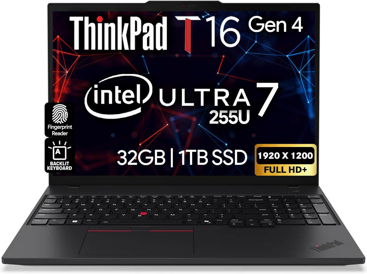 Lenovo ThinkPad T16 Gen 4 16” WUXGA IPS Display, Intel Ultra 7-255U (Beats i7-1355U), 32GB DDR5, 1TB NVMe, Webcam, WiFi 6E + BT, RJ-45, Backlit KB, FP Reader, W11P, Business Laptop