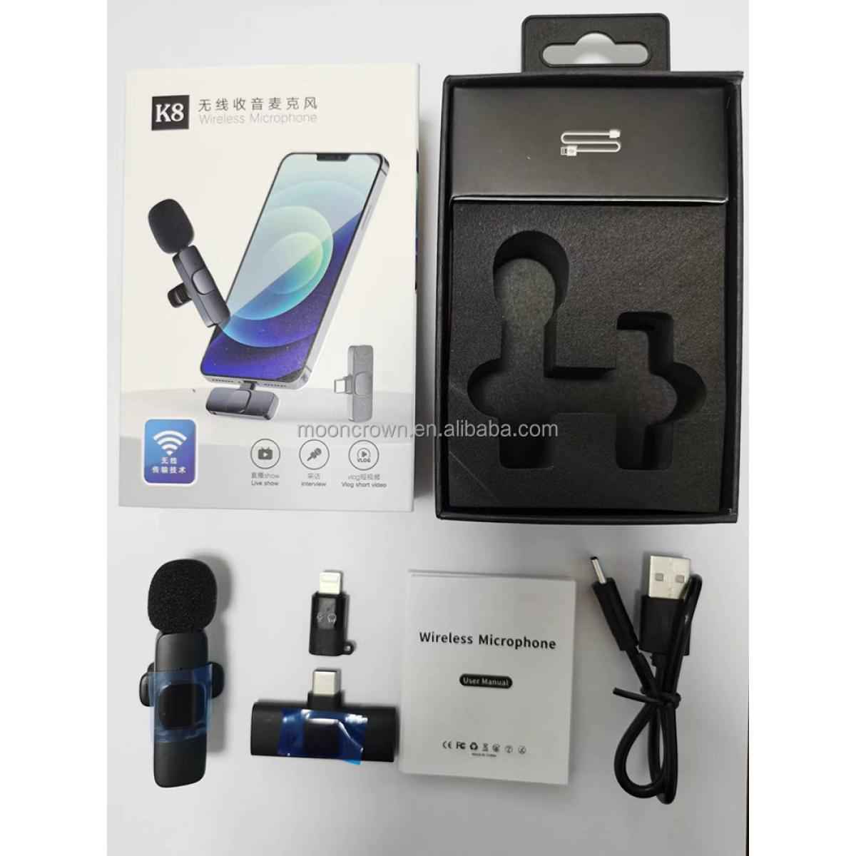 This K8 Wireless Microphone is a 2.4GHz mini wireless lavalier microphone designed for smartphones, supporting both Android and iPhone devices. , an effective working distance of 20-30 meters, and a long battery life of over 8 hours. | K8WMIC | OS | Jorda