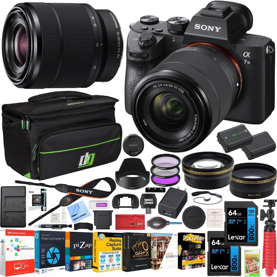 a7III Full Frame Mirrorless Camera with FE 28-70mm F3.5-5.6 OSS Lens Kit ILCE-7M3K/B | Official Sony USA Partner Model | Bundle with Telephoto & Wide-Angle Lens Set, 2X 64GB Cards, Deco Gear Bag