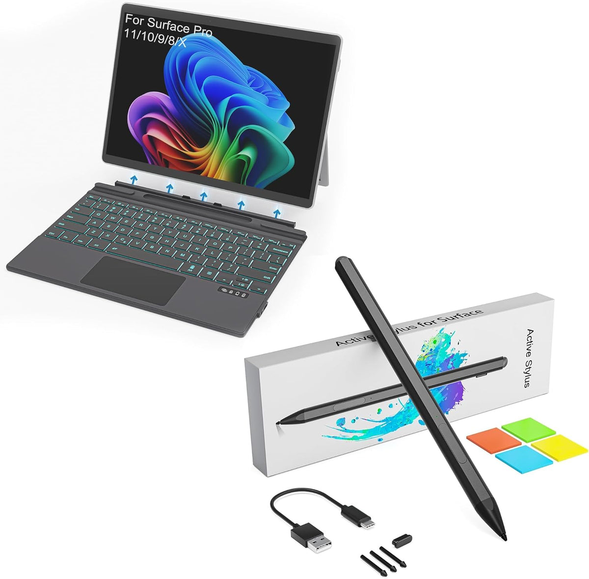 Surface Pro Keyboard and Pen, Surface Pro Keyboard for Microsoft Surface Pro 12/11/10/9/8/X, Stylus for Surface Pro 11/9/10/8/X/7/6/5/4/3/Go 2/3/4/Book/Laptop/Studio