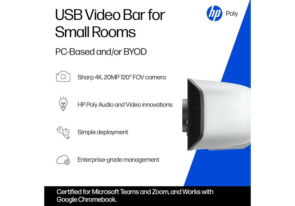 HP Poly Studio V12 USB Video Bar – 20MP 4K UltraHD Camera, 120° FOV, AI DirectorAI, Beamforming Microphones, USB‑C Connectivity, Poly Lens Remote Management