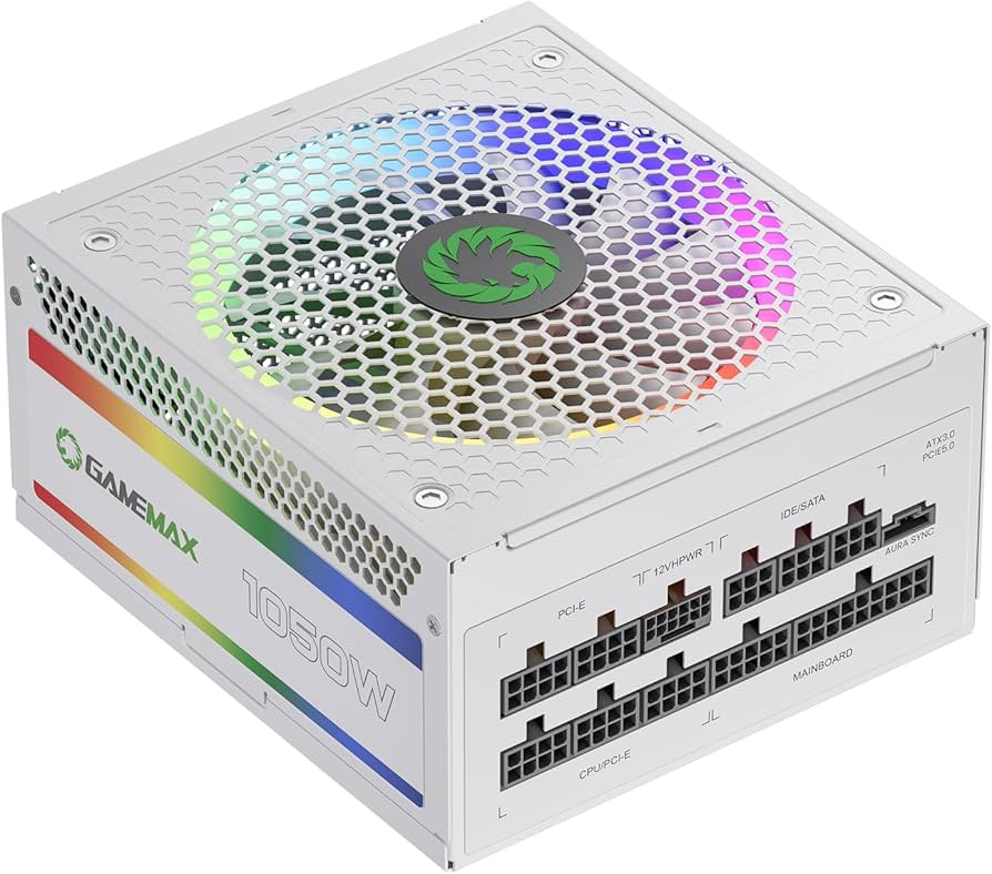 GameMax ARGB 1050W PSU 140mm Fan with ARGB LEDs 80 PLUS Gold Fully Modular - White