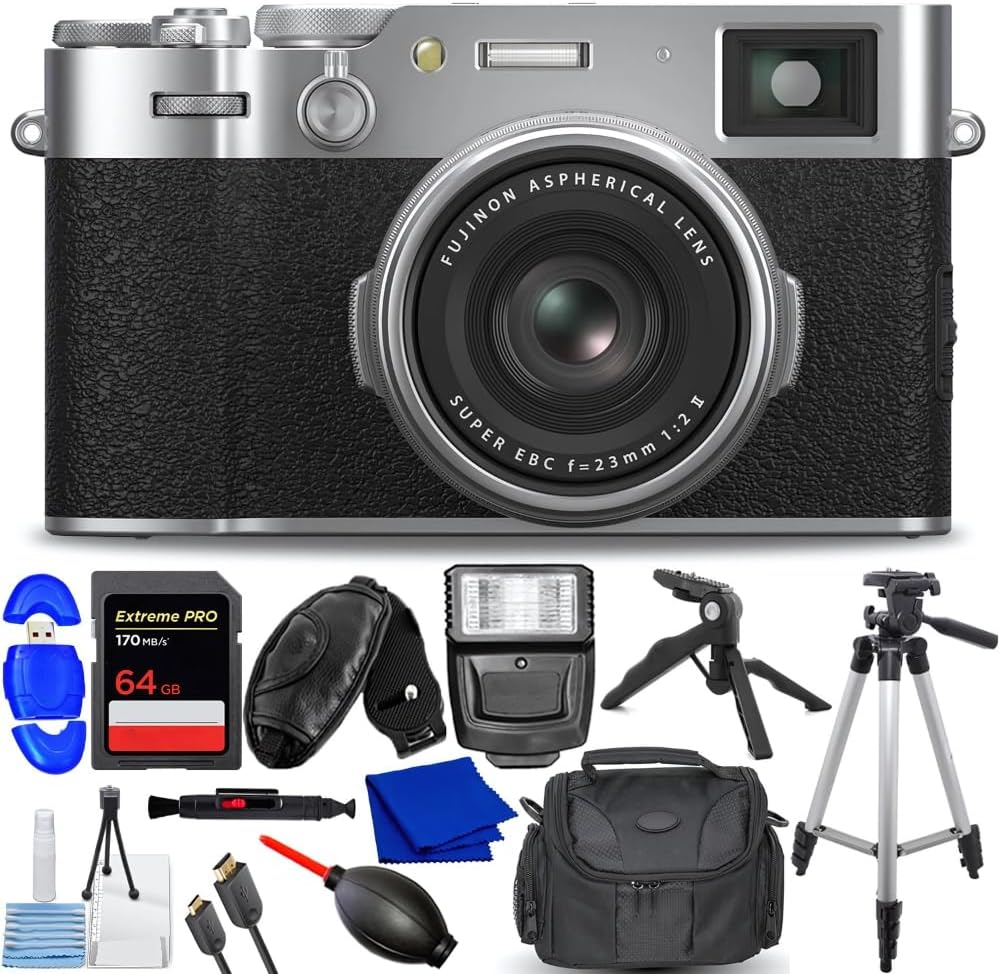FUJIFILM X100VI Digital Camera (Silver) 16821822 - SD 64GB Memory Card, 72' Tripod, Pistol Grip, Medium Gadget Bag, HDMI A-A, Starterkit and More (12PC Bundle Accessory Kit)