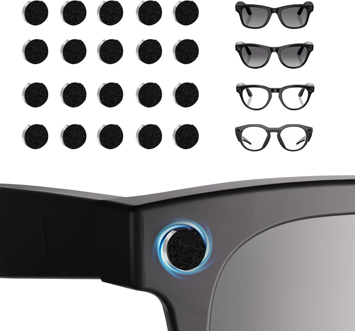 Precision LED Light Blocking Stickers for Ray-Ban Meta Wayfarer, Skyler&Headliner (Gen 2) & Oakley Meta HSTN Smart Glasses Accessories, Removable Low-Tack Blackout Camera Light Covers (Clear, 20 Pack)