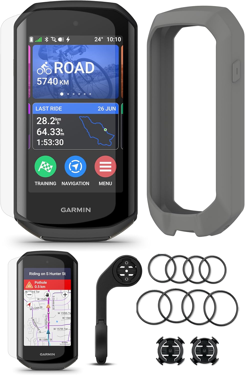 Garmin Edge 1050 Premium Cycling Computer Bundle - Color Touchscreen, Built-in Speaker, Training & Group Ride, Road Alerts with PlayBetter Silicone Case (Gray), Screen Protectors, Tether & More