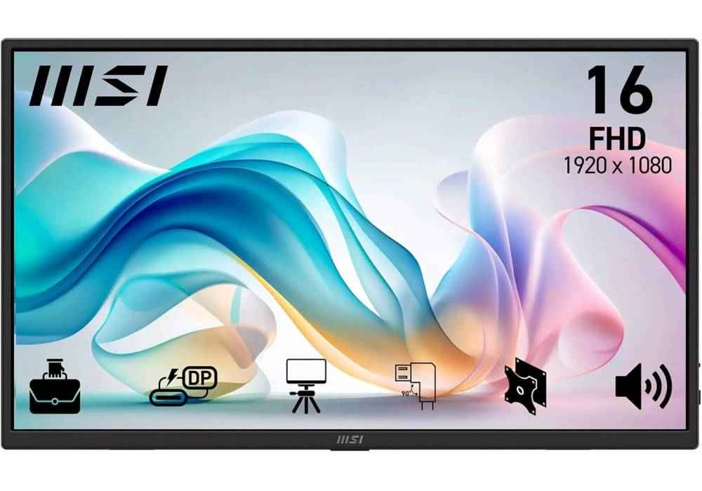 MSI PRO MP165 E6 15.6-Inch FHD Portable Monitor, 1920x1080 IPS, 60Hz, 4ms, Eye care, Built-in speaker/mic, HDMI 2.0b, USB C (15WPD), Vesa Mount, Black