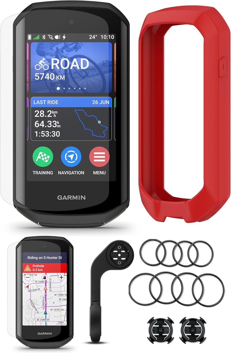 Garmin Edge 1050 Premium Cycling Computer Bundle - Color Touchscreen, Built-in Speaker, Training & Group Ride, Road Alerts with PlayBetter Silicone Case (Red), Screen Protectors, Tether & More