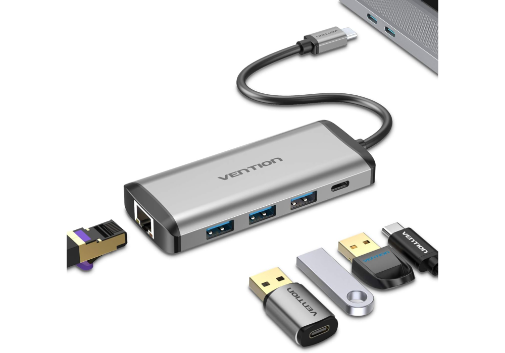 Vention Type‑C Hub – 3× USB 3.0, Gigabit Ethernet, USB‑C PD 87W, 0.15m Cable, Gray Metal Housing