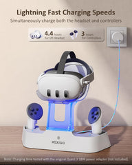 Enhanced Charging Dock for Meta Quest 3 and 3S, with LED Light [On/Off], [Support Elite Strap with Battery], Headset Display Holder and Controller Mount, Rechargeable Batteries, White