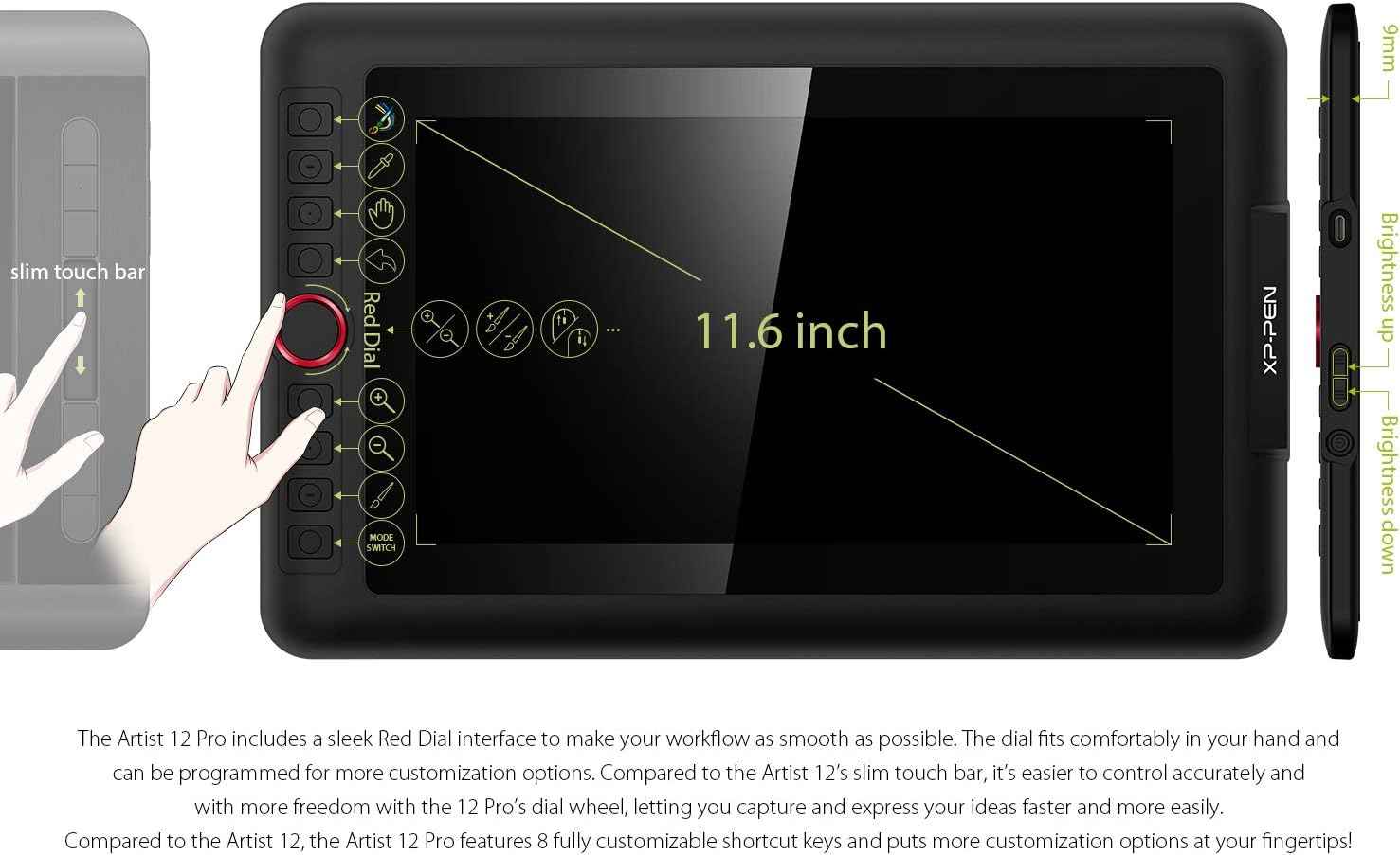 Artist12 Pro 11.6" Drawing Tablet with Screen Pen Display Full-Laminated Graphics Tablet and XPPen 3-in-1 Cable