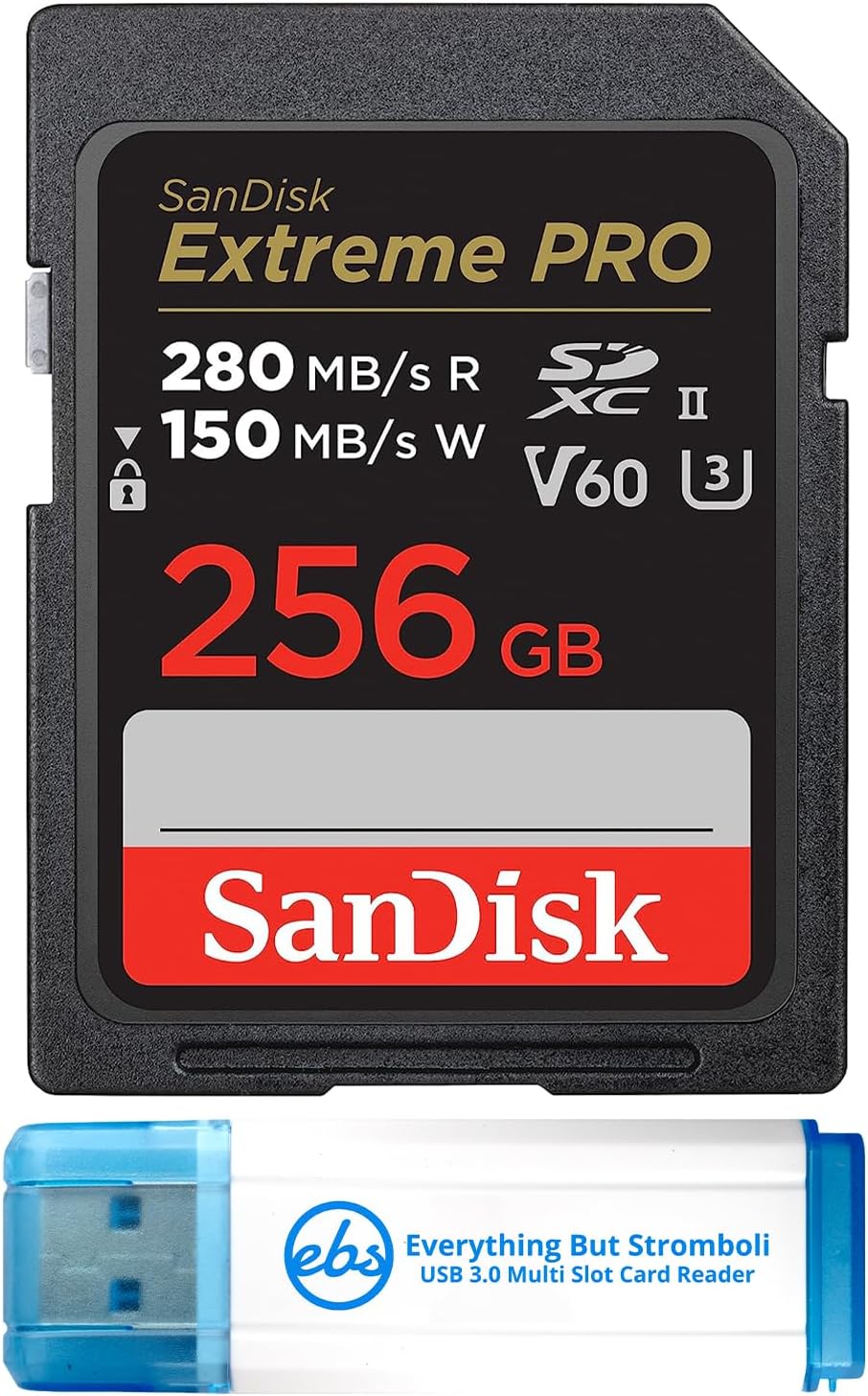 SanDisk 256GB Extreme Pro UII SD Memory card works with Canon EOS R50 V, EOS R5, EOS R6 Mark II Mirrorless Camera (SDSDXEP-256G-GN4IN) Bundle with 1 Everything But Stromboli 3.0 Micro & SD Card Reader