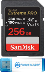 SanDisk 256GB Extreme Pro UII SD Memory card works with Canon EOS R50 V, EOS R5, EOS R6 Mark II Mirrorless Camera (SDSDXEP-256G-GN4IN) Bundle with 1 Everything But Stromboli 3.0 Micro & SD Card Reader