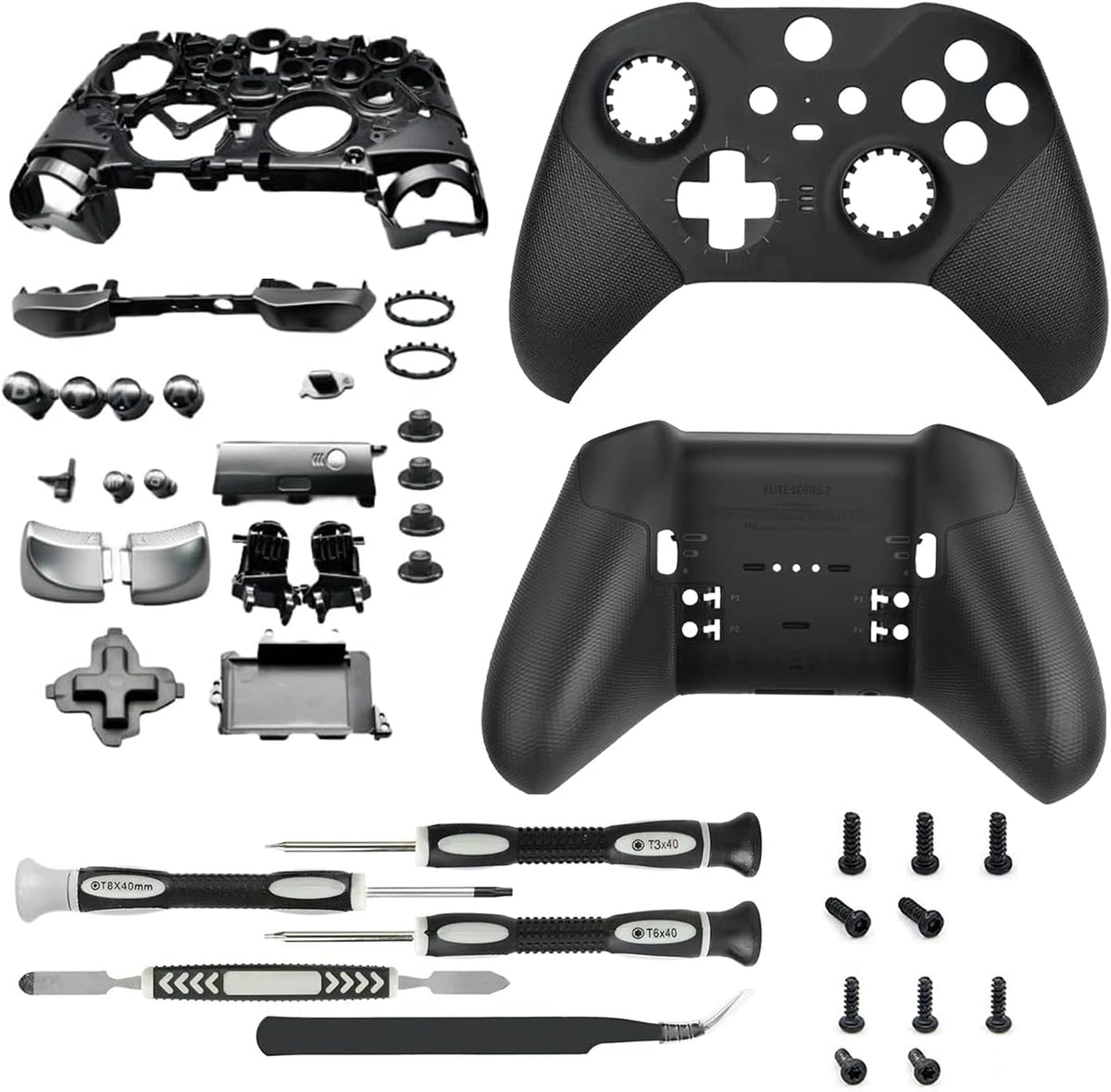 Replacement housing Shell kit for Xbox One Elite Series 2 Controller Replacement Parts Full Shell Case Cover Set Faceplates Middle Frame ABXY LT RT Buttons LB RB Bumper Accessories Tools（Black）