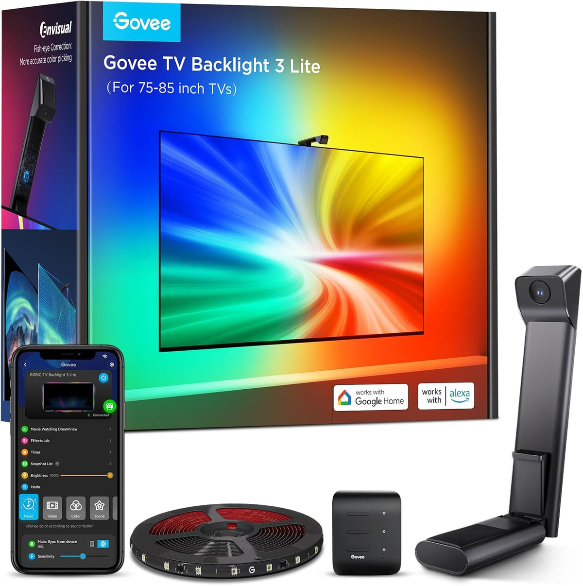 TV Backlight 3 Lite with Fish-Eye Correction Function Sync to 75-85 Inch TVs, 16.4ft RGBICW Wi-Fi LED Strip Lights with Camera, 4 Colors in 1 Lamp Bead, Voice and APP Control, Adapter