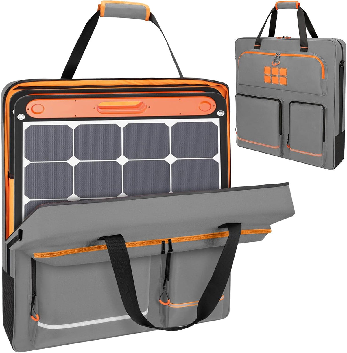 Solar Panel Storage Bag with Orange Lining, Deepened Opening, Zipper with Pull and Multi-Accessory Space Solar Panel Travel Carrying Case Fit for New Jackery SolarSaga 200W 100W, Gray
