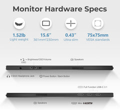 Portable Monitor for Laptops - 15.6 -inch FHD 1080P IPS Screen, Built-in Speakers, USB-C/HDMI, Includes Protective Case, Compatible with Laptops, MAC, PC, Phones, PS4/5, Xbox, Switch