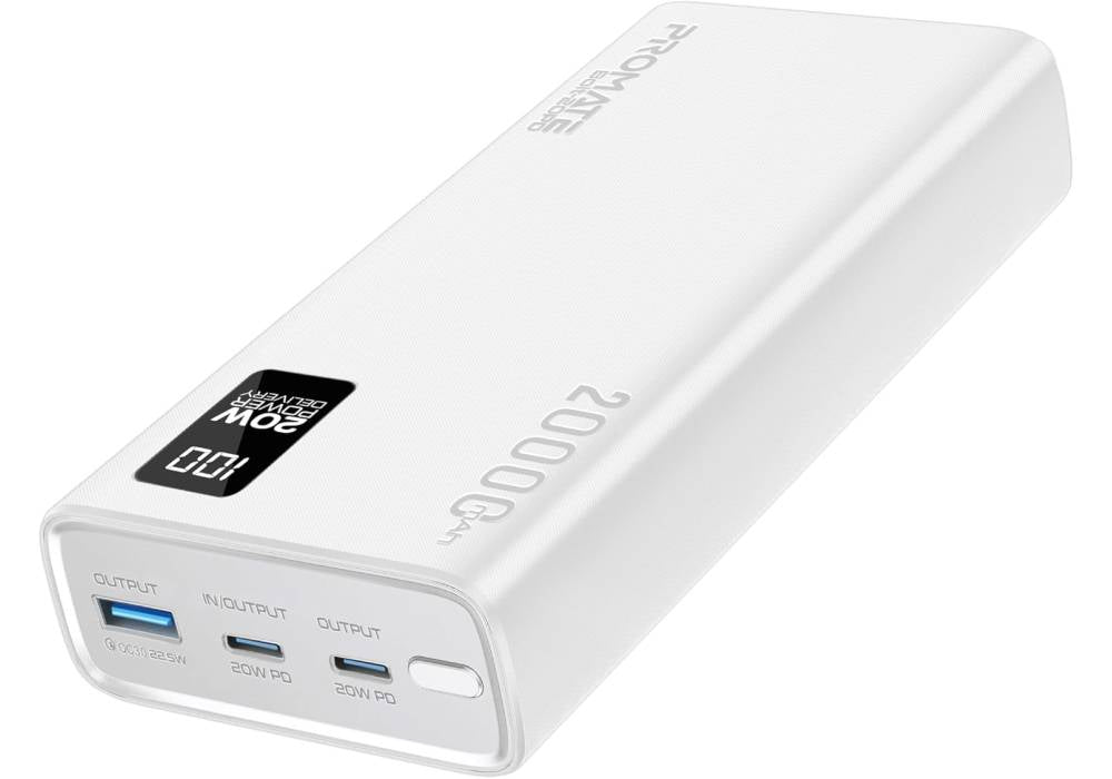 Promate Universal 20000mAh Ultra-Slim Power Bank with 20W USB-C Input/Output Port, QC 3.0 Output, USB-C Ports, LCD Display and Over-Heating Protection for Smartphones and Tablets, Bolt-20PD - White