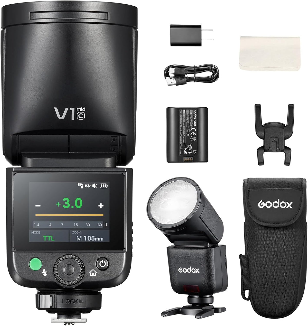V1 Mid C Flash for Canon, Touchscreen Speedlite, 55Ws High Output, USB-C Charging, 650 Full-Power Flashes, 1.7s Fast Recycle, 2.4G Wireless 1/8000s HSS, GODOX V1 Mid V1mid C TTL Flash Speedlight