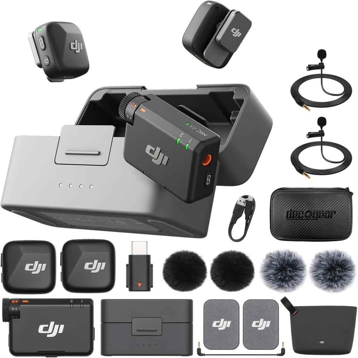 DJI Mic Mini (2 TX + 1 RX + Charging Case) Wireless Lavalier Microphone, Ultralight, Noise Cancelling, Up to 48-Hour Battery Life Bundle with 2 x Deco Gear Lapel Microphone and 5" EVA Case | DJI Mic Mini |