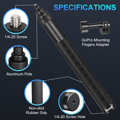 3m Extended Carbon Fiber Invisible Selfie Stick for Insta360 Insta 360 X5 X4/X3/ACE/ACE PRO/ACE PRO 2, ONE RS/X2/R/X, for DJI OSMO 360 Camera Accessories (14 to 118") (Black)