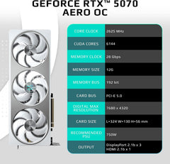 GeForce RTX 5070 AERO OC 12G Graphics Card, 12GB 192-bit GDDR7, PCIe 5.0, WINDFORCE Cooling System, GV-N5070AERO OC-12GD Video Card, Compatible with Desktop