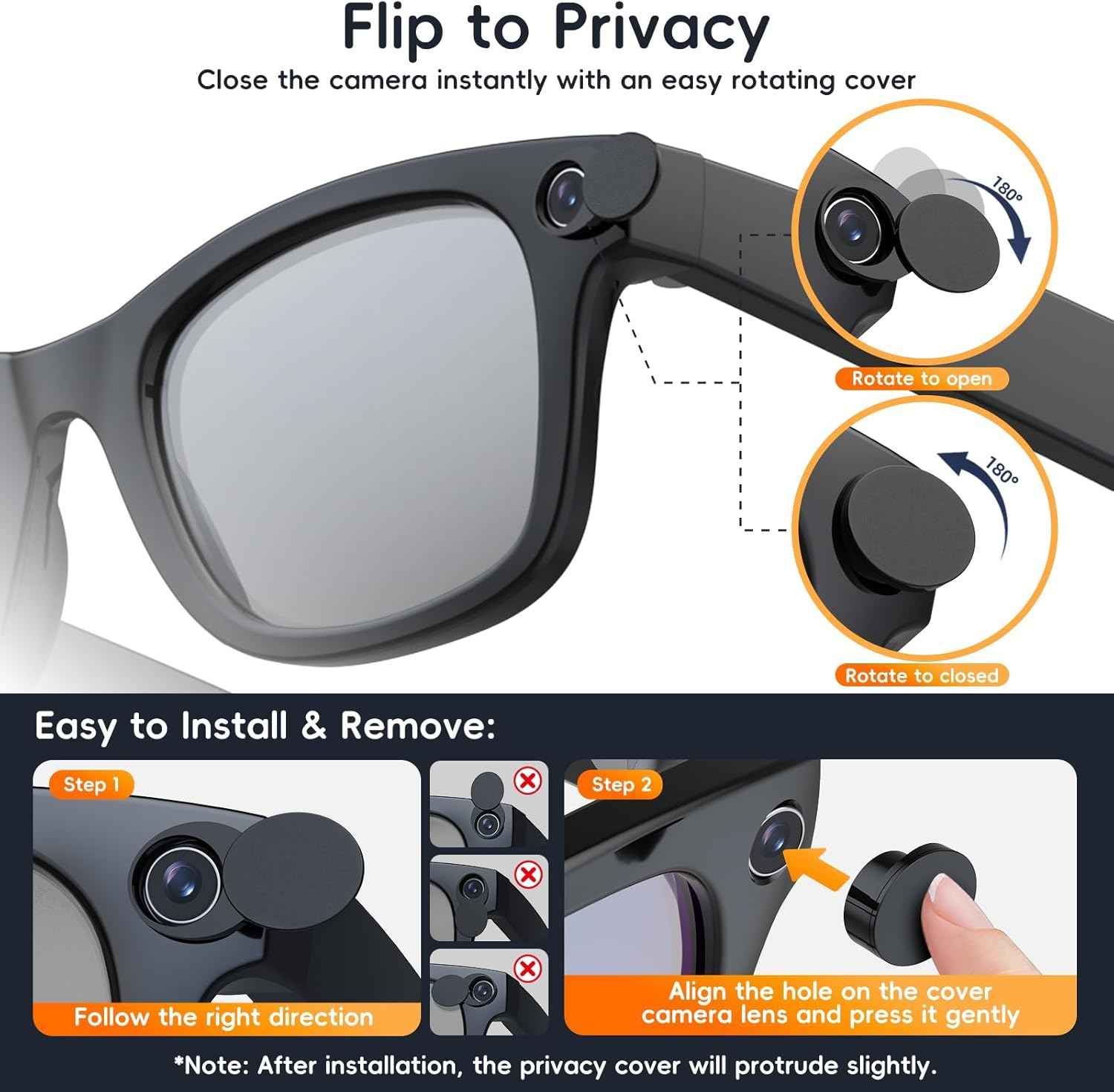 2 Pcs 180° Rotating Privacy LED Light Blocking Cover for Ray-Ban Meta Wayfarer/Skyler/Headliner (Gen 2) & Oakley Meta HSTN Smart Glasses Accessories, Reusable Blackout Webcam Covers