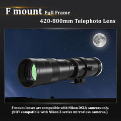 Telephoto Lens F Lens for Nikon, 420-800mm for Nikon DSLR, Manual Focus MF Zoom Lens for Nikon D3500 D850 D7500 D5600 D3400 D500 D7200 D5500 D750 D810 D3300 D5300 D610 D7100 D5200 etc
