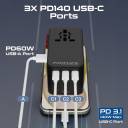 Promate iPhone 17 Travel Adapter, Universal Grounded Power Adapter with 1840W AC Socket, 20W USB-C Power Delivery Port, 15W USB-C Port, 3 USB Ports, TRIPMATE-GAN160