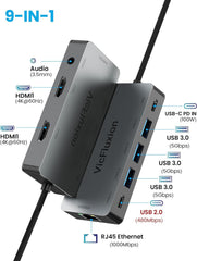 USB C Docking Station Dual Monitor, 9-in-1 USB Hub with 2 HDMI 4K@60HZ, 1×1000Mbps Ethernet, 3× USB 3.0, 1× Type C, 1× PD Charging, 1×3.5mm Audio, Dock for Laptop/Computer/Tablets/Windows