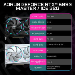 AORUS GeForce RTX 5090 Master 32G Graphics Card, by NVIDIA, WINDFORCE Cooling System, DisplayPort & HDMI - Video Output Interface, 32GB 512-bit GDDR7, GV-N5090AORUS M-32GD Video Cardo