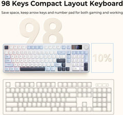 Redragon Wireless Gaming Keyboard, 98-Key Tri-Mode (BT/2.4G/Wired) RGB Computer Keyboard with Knob & Display, Fade-Resistant PBT Keycaps & 4000mAh Battery, Compatible with Windows/Mac - White Blue