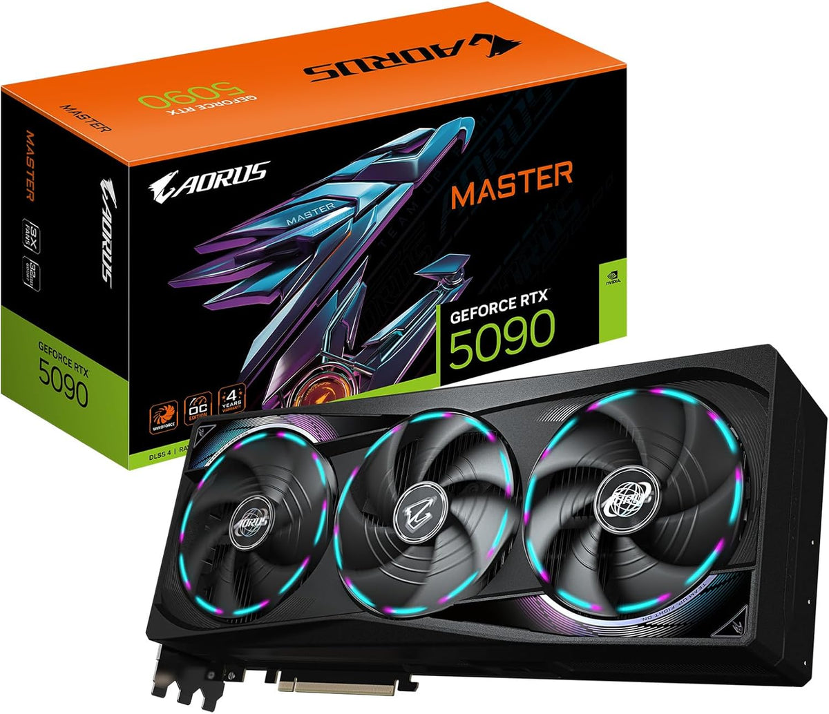 AORUS GeForce RTX 5090 Master 32G Graphics Card, by NVIDIA, WINDFORCE Cooling System, DisplayPort & HDMI - Video Output Interface, 32GB 512-bit GDDR7, GV-N5090AORUS M-32GD Video Cardo