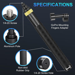FUNNYFOX 36cm to 3m/9.8ft Super Long Carbon Fiber Extended Invisible Selfie Stick for Insta360 Insta 360 X5 X4 X3 X2 ONE R/RS/X for DJI OSMO 360 Accessories (Yellow)