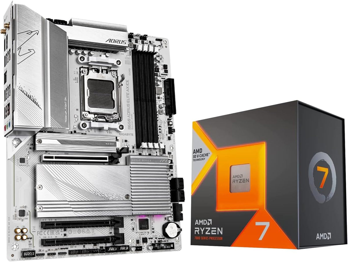 Micro Center AMD Ryzen 7 7800X3D CPU Processor with GIGABYTE B650 AORUS Elite AX ICE Motherboard (AM5, ATX, DDR5, Triple M.2, USB 3.2 Gen2X2 Type-C, WiFi 6E)