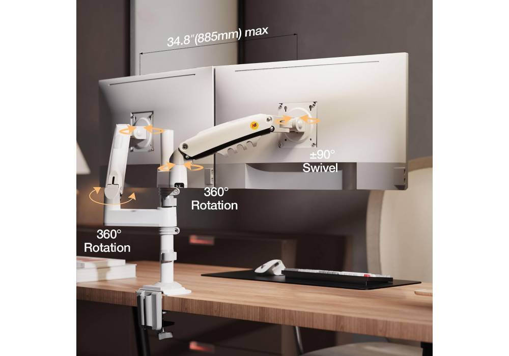 NB North Bayou Dual Stand Holder Monitor Desk Mount Stand Full Motion Swivel Computer Monitor Arm Fits 2 Screens up to 27'' with Load Capacity 9KG for Each Monitor H180 - White
