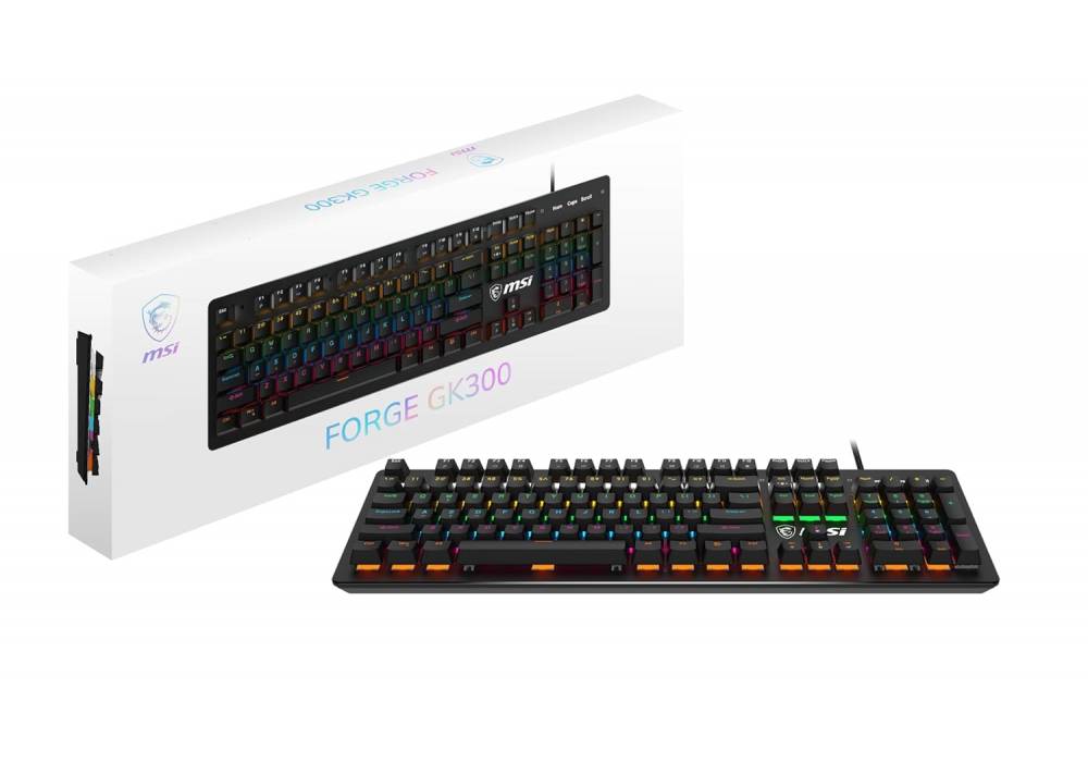 MSI Forge GK300 Blue US - Mechanical Keyboard, Blue SWITCHES, RGB, Ergonomic, Anti-GHOSTING, Angle-Adjustable - Black