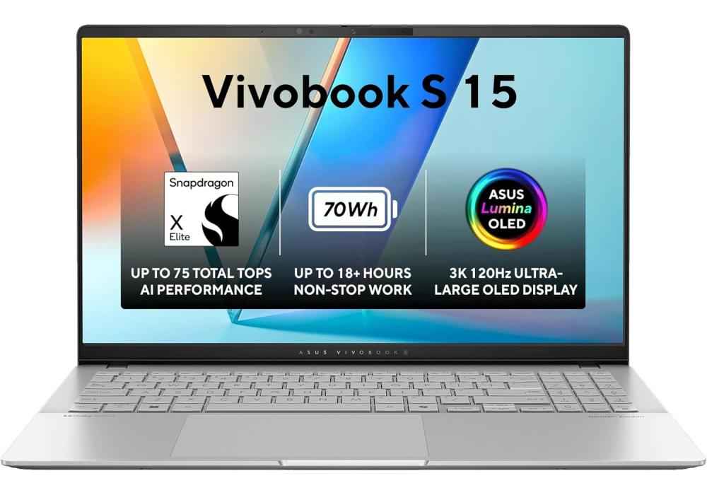 New Laptop ASUS Vivobook S 15 OLED | Snapdragon® X Plus X1P 42 100 Processor , Qualcomm® AI Engine 16GB DDR5X , 15.6 inch 3K OLED 120Hz Very Long Rang Battery
