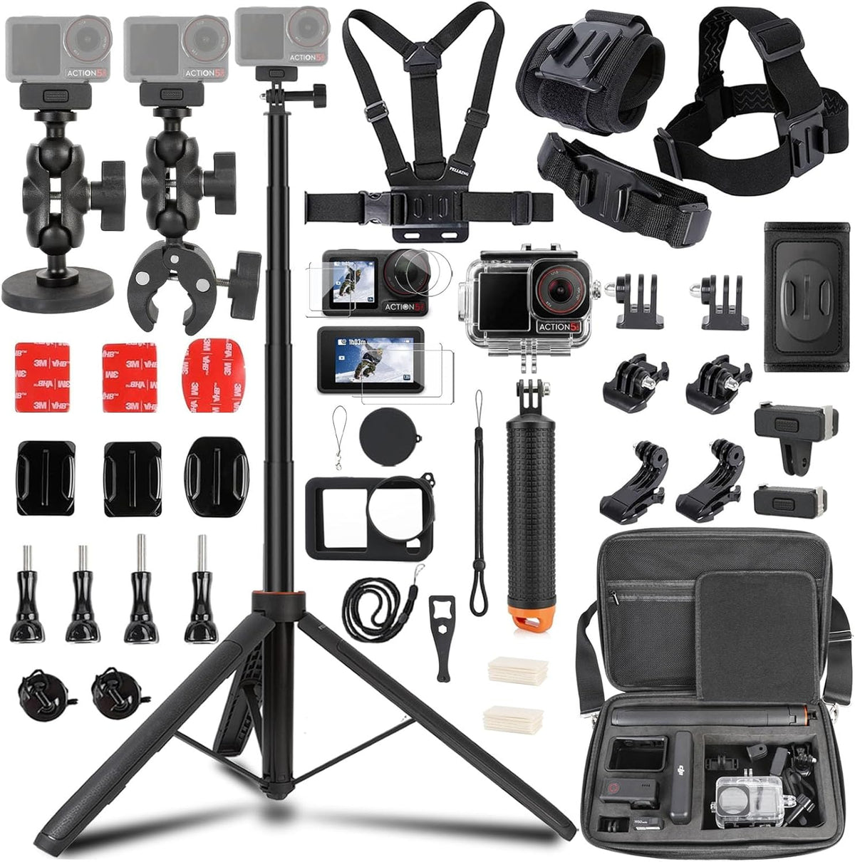 Accessories Kit for DJI Osmo Action 5pro/4/3,Carrying Case with Belt 135cm Selfie Stick Tripod Waterproof Housing Floating Handle Grip Magnetic Handlebar Mount Qucik Release4 in 1 Body Mount