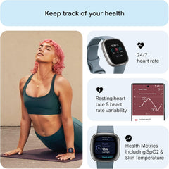 Versa 4 Fitness Smartwatch with Daily Readiness, GPS, 24/7 Heart Rate, 40+ Exercise Modes, Sleep Tracking and more, Waterfall Blue/Platinum, One Size (S & L Bands Included)