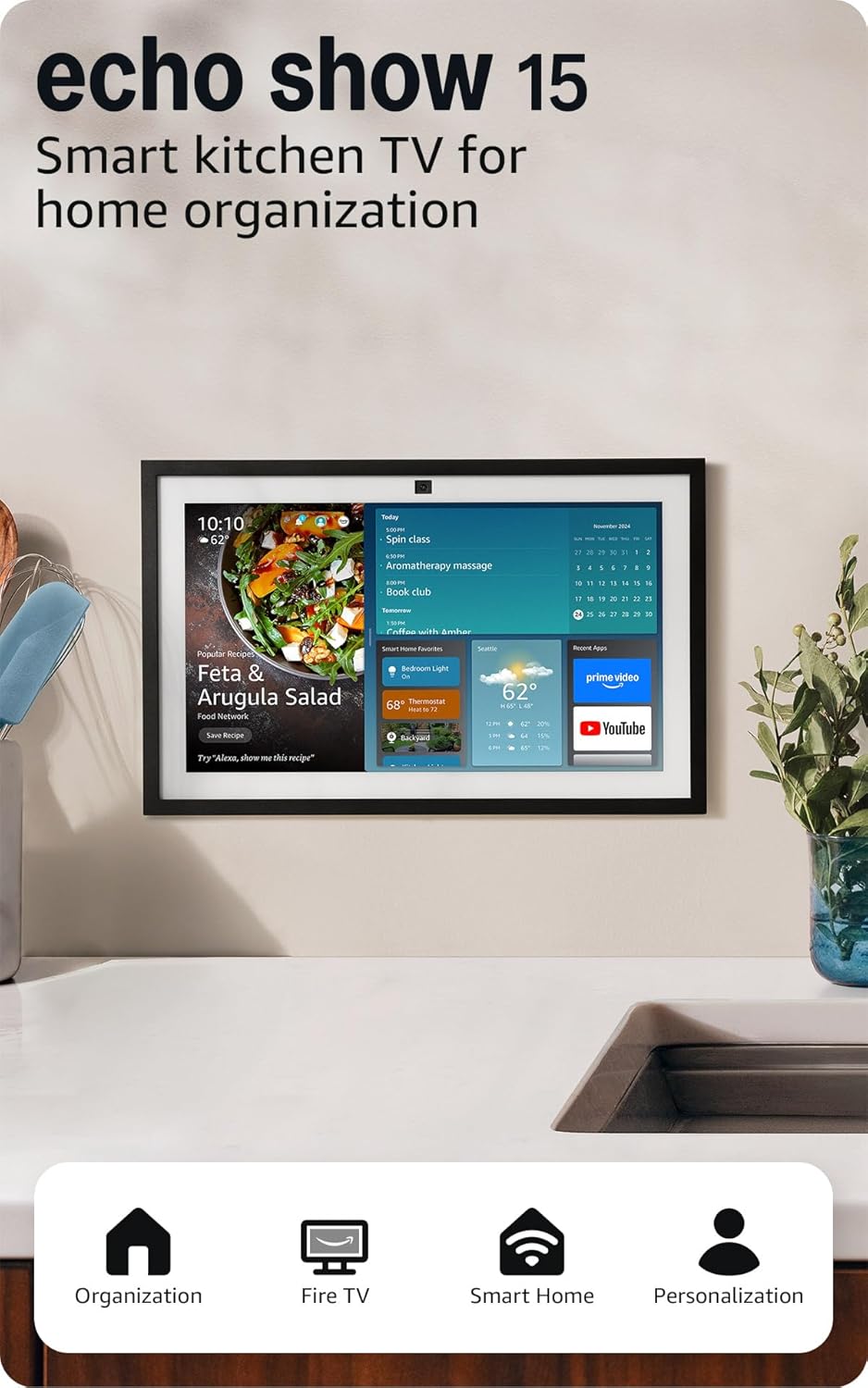 Like-New Amazon Echo Show 15 (newest model), Full HD 15.6" kitchen hub for home organization, with built-in Fire TV, Designed for Alexa+